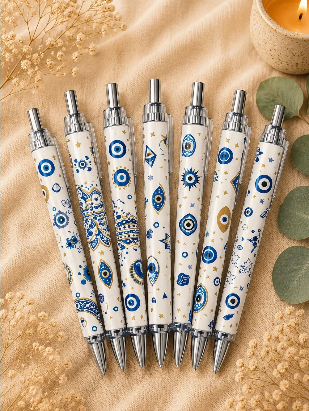 Evil Eye Ballpoint Pen Set - White, Blue & Gold